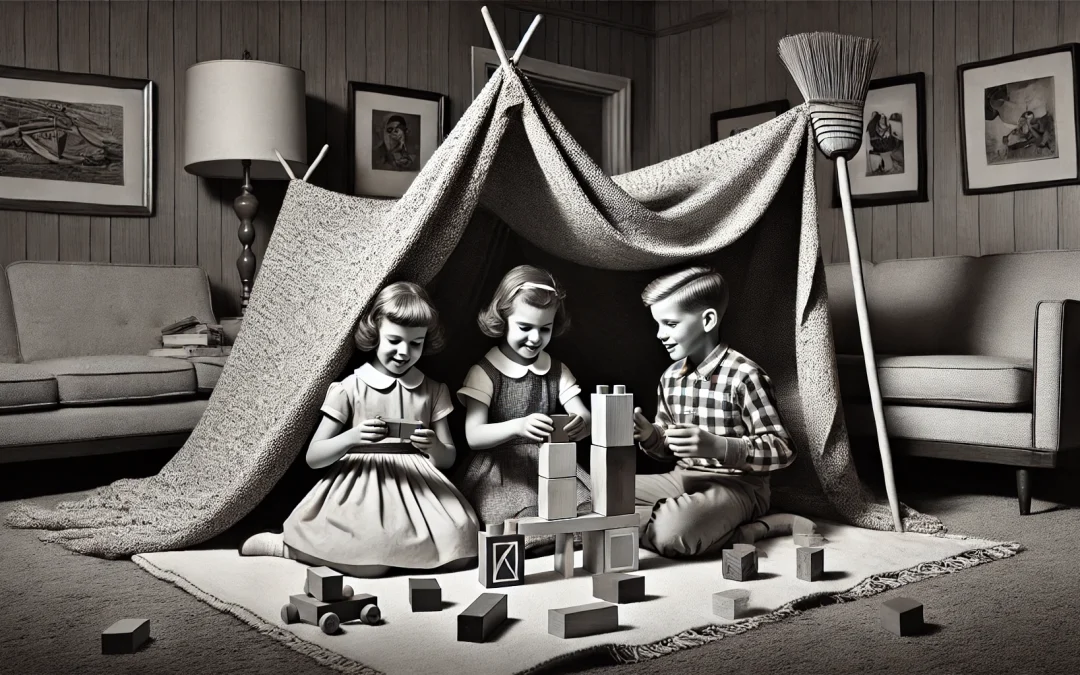 kids playing with building blocks in a fort