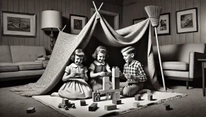 kids playing with building blocks in a fort