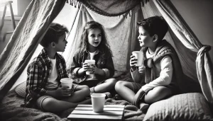 kids drinking coffee in a fort meeting
