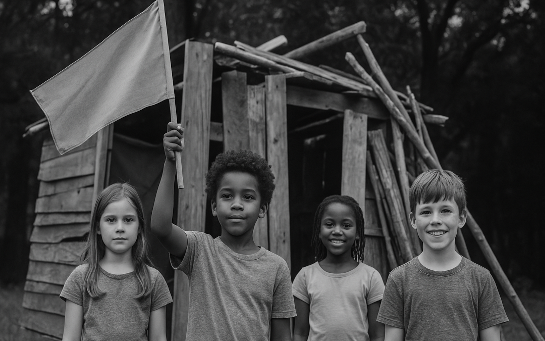 kids planting a flag proudly in front of fort