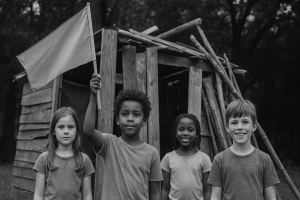 kids planting a flag proudly in front of fort
