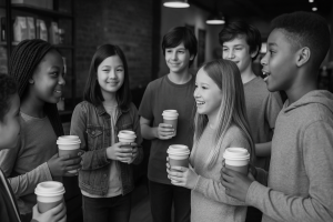 kids drinking coffee and networking